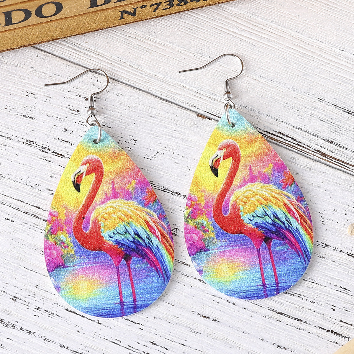 Wholesale Flamingo Double Sided Printed PU Leather Water Drop Earrings